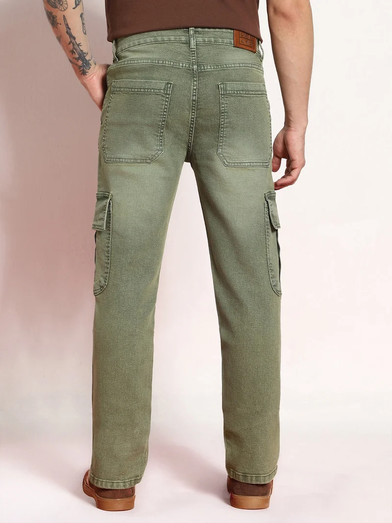 Urbano Fashion  Urbano Fashion Men's Olive Green Regular Fit Washed Cargo Jeans with 6 Pockets Stretchable  | Best Price UAE