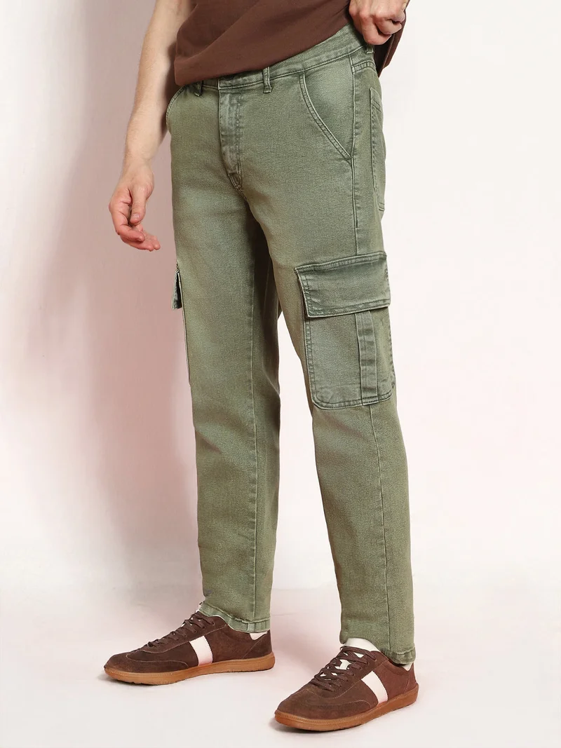 Urbano Fashion  Urbano Fashion Men's Olive Green Regular Fit Washed Cargo Jeans with 6 Pockets Stretchable  | Best Price UAE