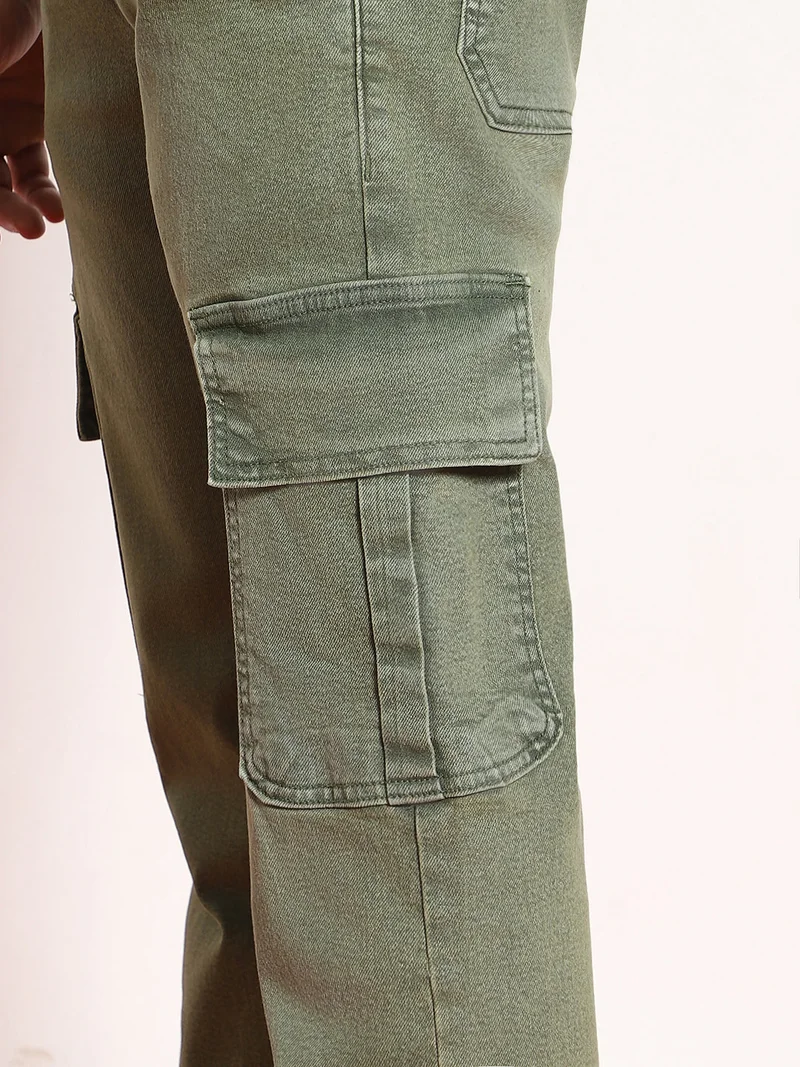 Urbano Fashion  Urbano Fashion Men's Olive Green Regular Fit Washed Cargo Jeans with 6 Pockets Stretchable  | Best Price UAE
