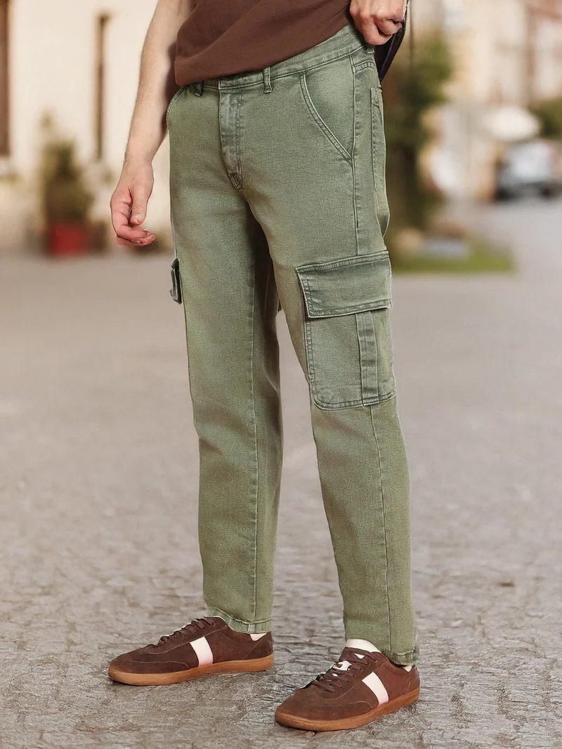 Urbano Fashion Men's Olive Green Regular Fit Washed Cargo Jeans with 6 Pockets Stretchable
