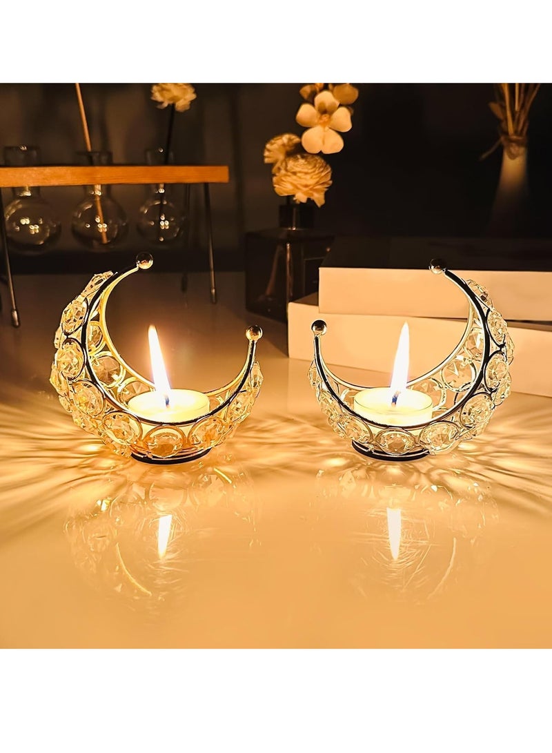 FESTIKO CentraLit Moon Tea Light Crystal Candle Holder Return Gifts for Pooja Metal Lanterns Handicraft Items for Home Decor Indian Decor Gifts for Wedding Party Ramadan Diwali Decoration Pack of2 - Image 1