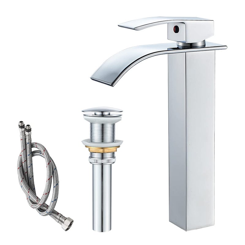 VOTON Vessel Sink Faucet Chrome Modern Tall Waterfall Bathroom Sink Faucet with Pop-Up Drain Single Handle Bathroom Faucet 1 Hole Bowl Lavatory Vanity Faucet, Rv Sink Camper Farmhouse Bathroom Faucet - Image 1