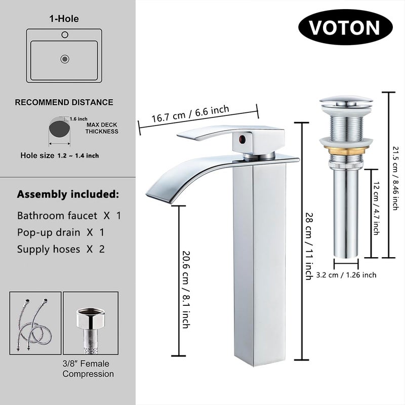 VOTON Vessel Sink Faucet Chrome Modern Tall Waterfall Bathroom Sink Faucet with Pop-Up Drain Single Handle Bathroom Faucet 1 Hole Bowl Lavatory Vanity Faucet, Rv Sink Camper Farmhouse Bathroom Faucet - Image 2