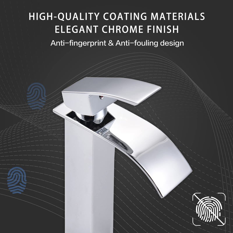 VOTON Vessel Sink Faucet Chrome Modern Tall Waterfall Bathroom Sink Faucet with Pop-Up Drain Single Handle Bathroom Faucet 1 Hole Bowl Lavatory Vanity Faucet, Rv Sink Camper Farmhouse Bathroom Faucet - Image 3
