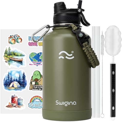 Swigina 2IN1 LID 64 oz Insulated Water Bottle with Silicone Boot 48hrs Cold24hrs Hot DIY Stickers Leakproof BPA Free Half Gallon - Image 1