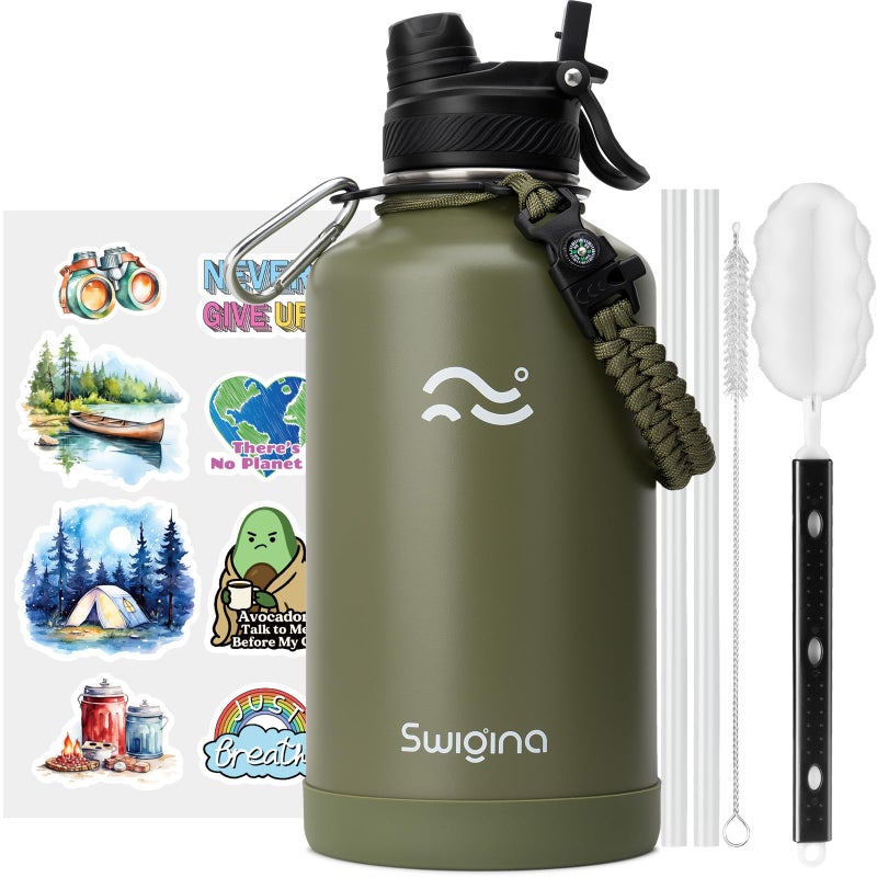 Swigina 2IN1 LID 64 oz Insulated Water Bottle with Silicone Boot 48hrs Cold24hrs Hot DIY Stickers Leakproof BPA Free Half Gallon - Image 2