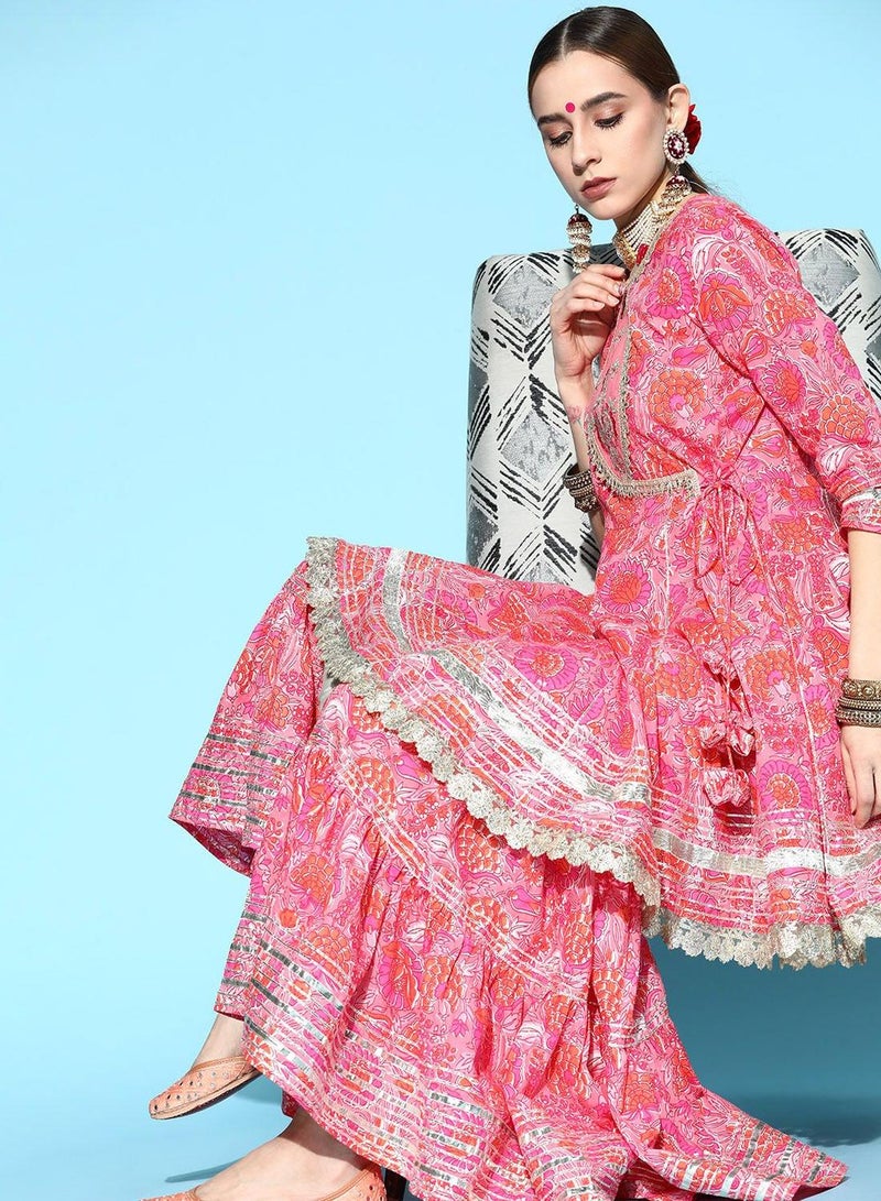 ISHIN Women'S Pink 100% Cotton Self Design Full Length Palazzo Kurta Set - Image 1