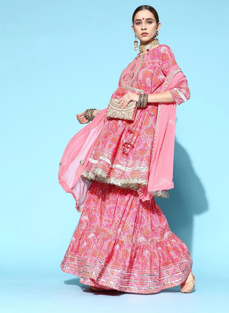 آي شين Women'S Pink 100% Cotton Self Design Full Length Palazzo Kurta Set