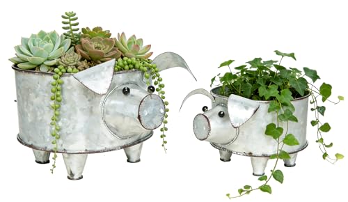ShabbyDecor Galvanized Metal Pig Succulent Planter Farmhouse Pig Shaped Bowl Metal Pig Tray Rustic Decor Set of 2 - Image 1