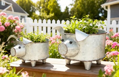 ShabbyDecor Galvanized Metal Pig Succulent Planter Farmhouse Pig Shaped Bowl Metal Pig Tray Rustic Decor Set of 2 - Image 5