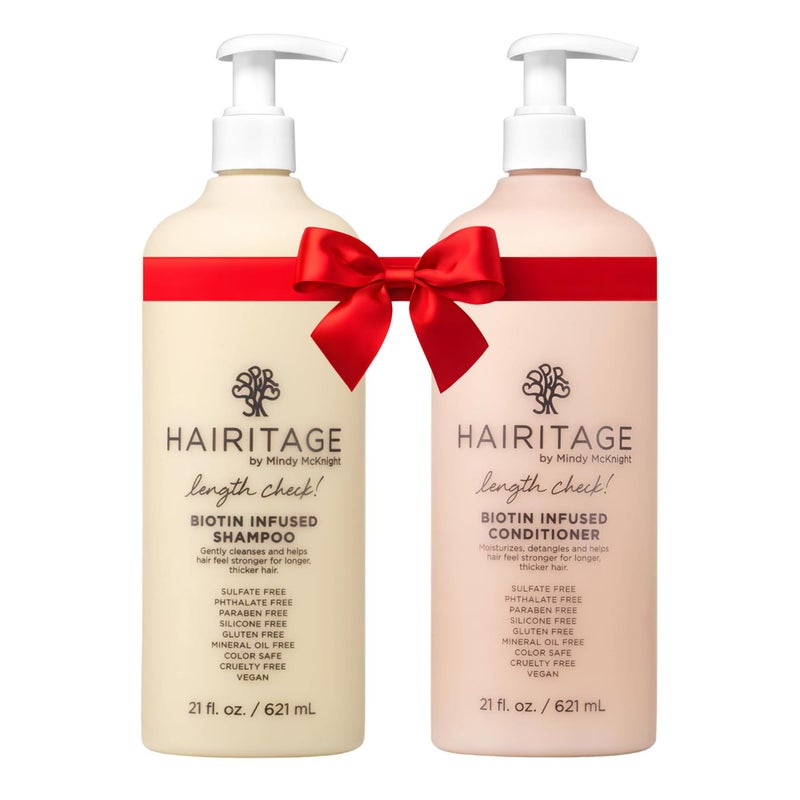Hairitage مجموعة شامبو وبلسم هيريتاج لقياس الطول - بيوتين + زيت الخروع - حجم + رطوبة - خالي من الكبريتات + آمن للألوان - للنساء + الرجال شامبو وبلسم مرطب لإصلاح تساقط الشعر + ترقق الشعر - Image 1