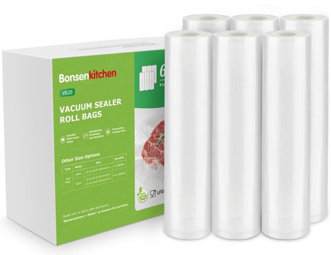 2025 UPGRADED 6 ROLLS 8 X 16 VACUUM SEALER BAGS FOR FOOD WITH A COLOR BOX EASY TO STORE COMMERCIAL GRADE BPA FREE GREAT FOR FOOD STORAGE OR SOUS VIDE VB20
