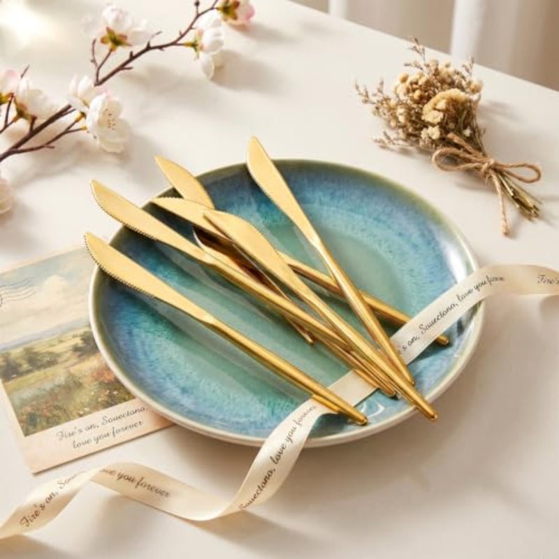 100 Pcs Gold Plastic Knives, Gold Plastic Silverware, Novelty Modern Flatware, Elegant Golds Silverware Disposable Utensils Set, Heavy Duty Disposable Knives Dinnerware for Weddings, Parties, Events - Image 5