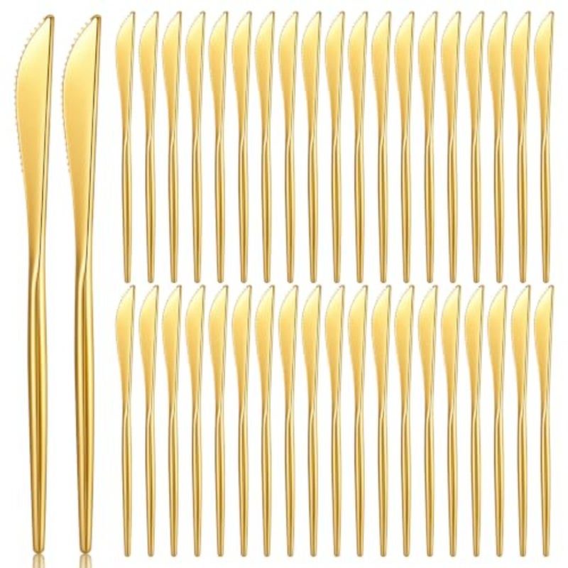 100 Pcs Gold Plastic Knives, Gold Plastic Silverware, Novelty Modern Flatware, Elegant Golds Silverware Disposable Utensils Set, Heavy Duty Disposable Knives Dinnerware for Weddings, Parties, Events - Image 1
