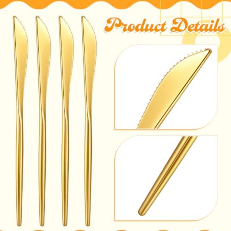 100 Pcs Gold Plastic Knives, Gold Plastic Silverware, Novelty Modern Flatware, Elegant Golds Silverware Disposable Utensils Set, Heavy Duty Disposable Knives Dinnerware for Weddings, Parties, Events - Image 3