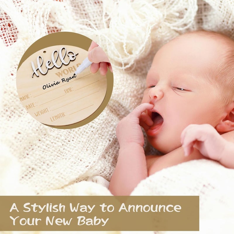 Giftacity Hello World Sign for Baby Announcement GenderNeutral Wooden Welcome Newborn Signs for Hospital with Footprint  Baby Birth Round Board for New Boy and Girl - Image 5