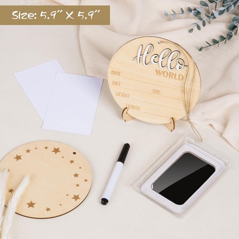Giftacity Hello World Sign for Baby Announcement GenderNeutral Wooden Welcome Newborn Signs for Hospital with Footprint  Baby Birth Round Board for New Boy and Girl - Image 2