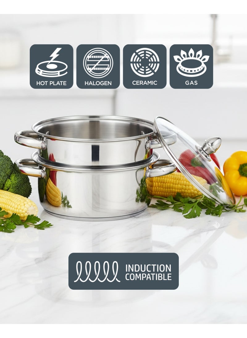 ديلكاسا قدر بخار ديلكاسا 2 طبقة من الفولاذ المقاوم للصدأ بغطاء زجاجي 22 سم 3.0 لتر - Image 3