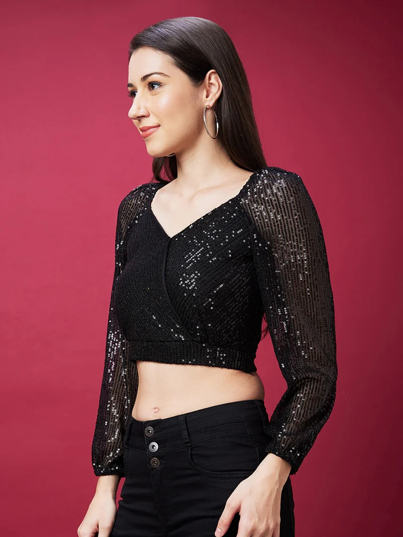 جلو باص بلوزة نسائية قصيرة مزينة بالترتر للحفلات من جلوبس