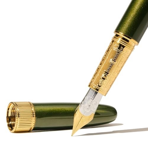 Ferris Wheel Press Joule Fountain Pen Juniper Moss Double Gold Plated Sapphire Lacquer Finish TwoTone Steel Nib Leather SleeveFine - Image 3