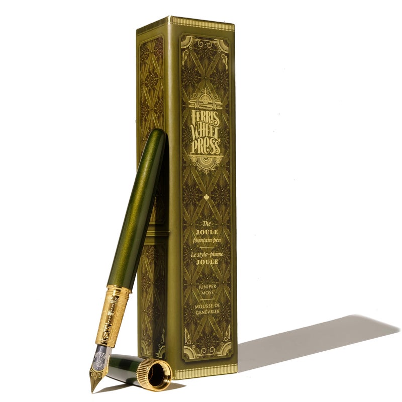 Ferris Wheel Press Joule Fountain Pen Juniper Moss Double Gold Plated Sapphire Lacquer Finish TwoTone Steel Nib Leather SleeveFine - Image 2