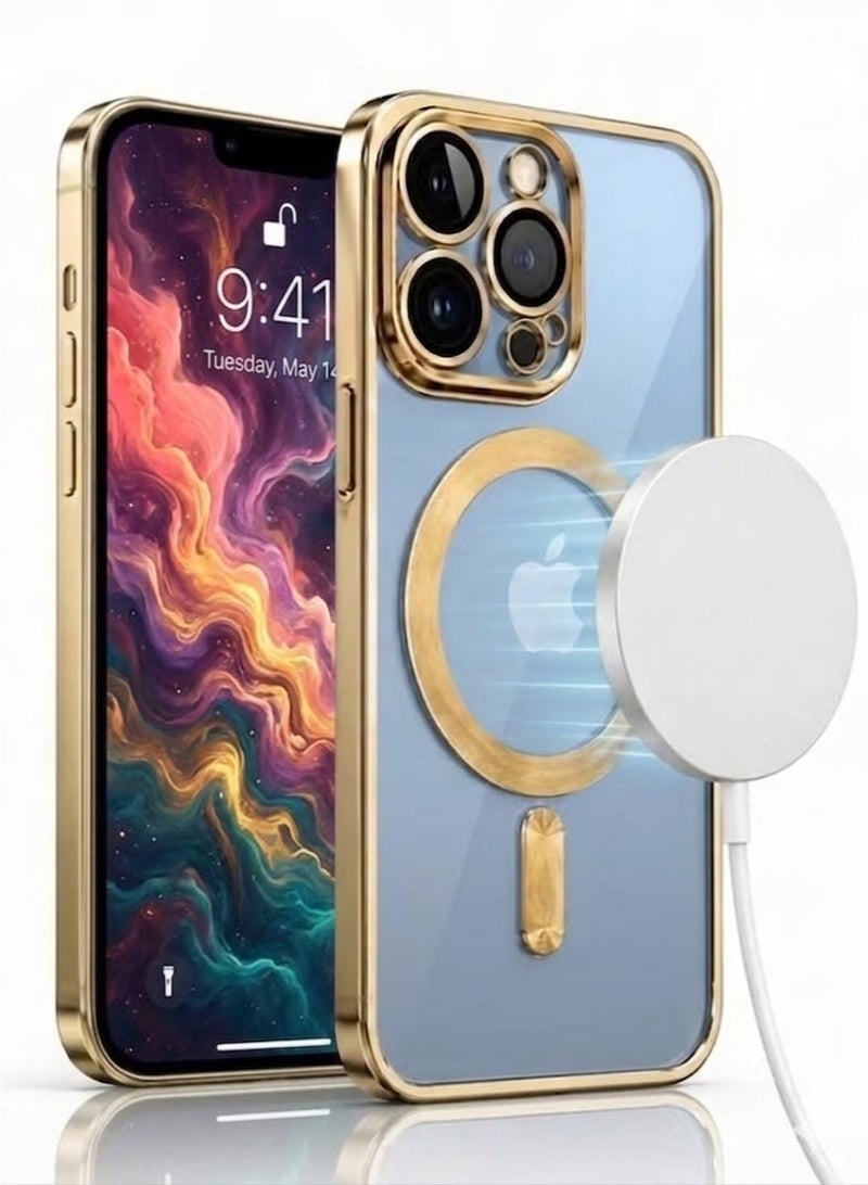 MagSafe Magnetic Clear Case for Apple iPhone 13 Pro Max 6.7 inch – Slim Shockproof Protective Cover Camera Lens Protection - Gold - Image 2