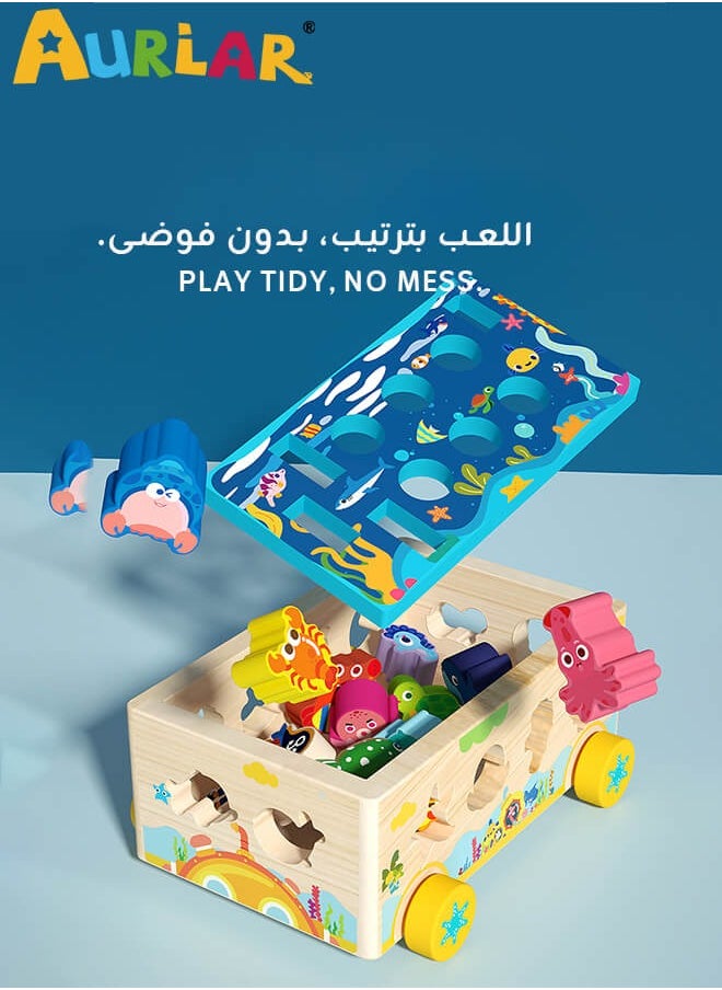 Aurlar Magnetic Fishing & Shape Matching Toy Box – Wooden Montessori Activity Toy with Storage & Rolling Car for Kids 1-3 Years Old  - Image 3