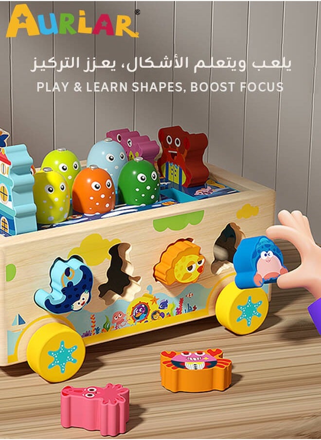 Aurlar Magnetic Fishing & Shape Matching Toy Box – Wooden Montessori Activity Toy with Storage & Rolling Car for Kids 1-3 Years Old  - Image 5