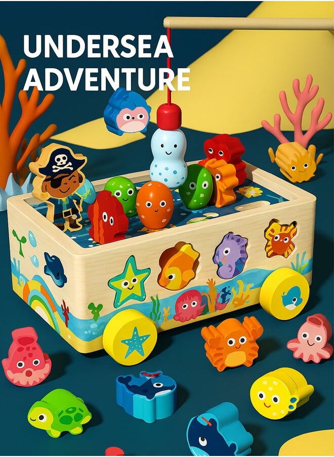 Aurlar Magnetic Fishing & Shape Matching Toy Box – Wooden Montessori Activity Toy with Storage & Rolling Car for Kids 1-3 Years Old  - Image 2