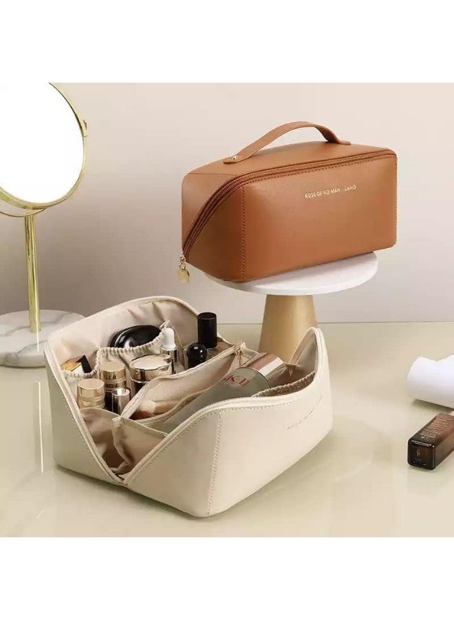 Large, well-organized makeup bag with multiple pockets, modern design, suitable for travel, beige color. - Image 3