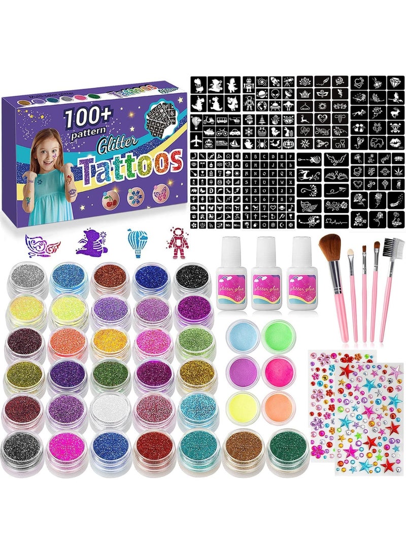 Generic Temporary Glitter Tattoos Kids, 32 Glitter Colors and 6 Fluorescent Colors, 209 Stencils,2 diamond stickers,3 Glue, 5 Brushes, Adults and Kids Arts Glitter Kit, Wonderful Holiday Gifts for Girls Boys  - Image 1