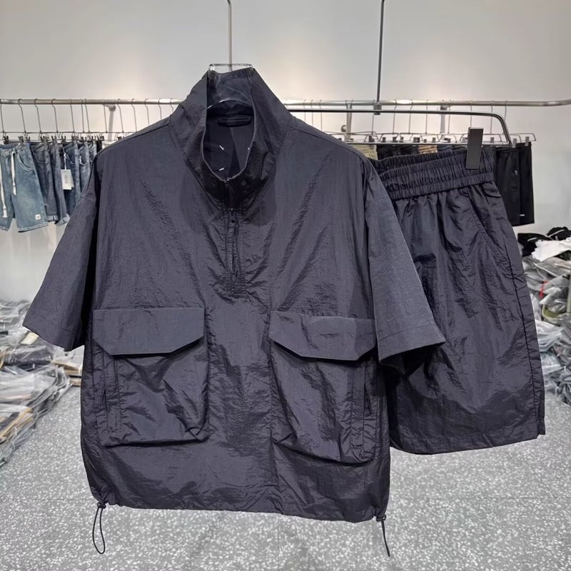Summer New Mens Quick-drying Lightweight Short-sleeved suit Loose Breathable Jacket Shorts Two-piece Set Couples suit Men Black