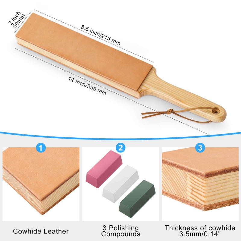 ANGERSTONE Double Side Leather Strop for Knife Sharpening - 14"x 2" Stropping Block Kit with Polishing Compound, Knife Strop with Ergonomic Handle for Honing Knives, Woodworking Chisels - Image 2