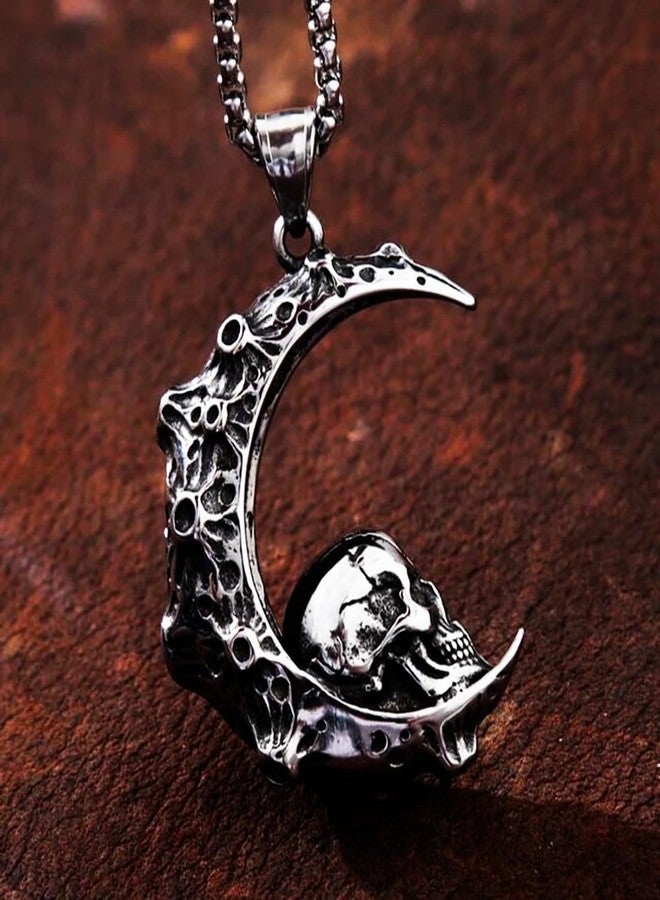 Gift Nest Gothic Skull Moon Pendant Necklace - Stainless Steel Crescent Moon with Skull Design for mens & boys - Image 2
