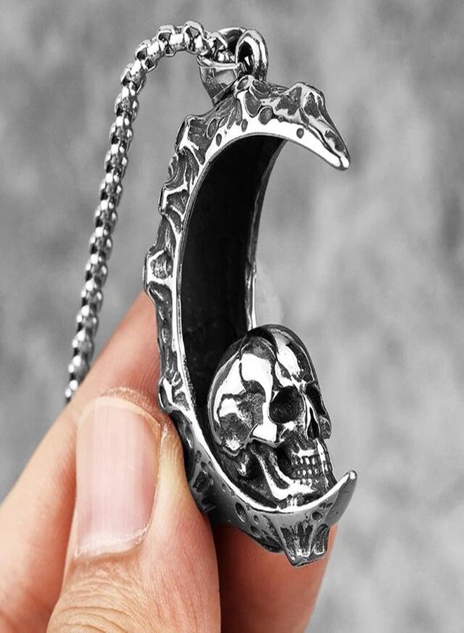 Gift Nest Gothic Skull Moon Pendant Necklace - Stainless Steel Crescent Moon with Skull Design for mens & boys - Image 3