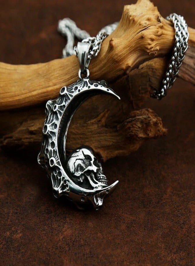 Gift Nest Gothic Skull Moon Pendant Necklace - Stainless Steel Crescent Moon with Skull Design for mens & boys - Image 5