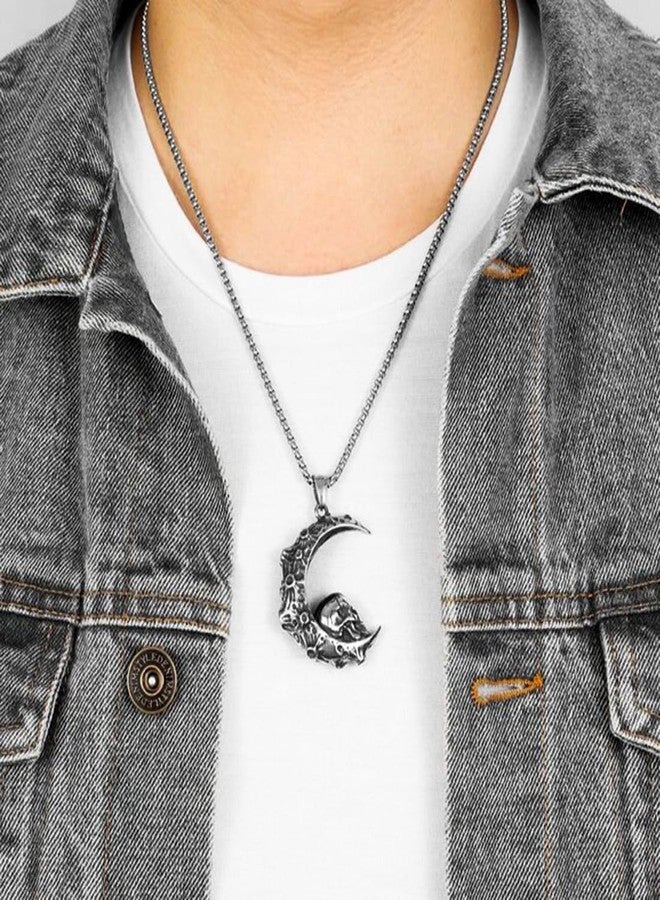 Gift Nest Gothic Skull Moon Pendant Necklace - Stainless Steel Crescent Moon with Skull Design for mens & boys - Image 4