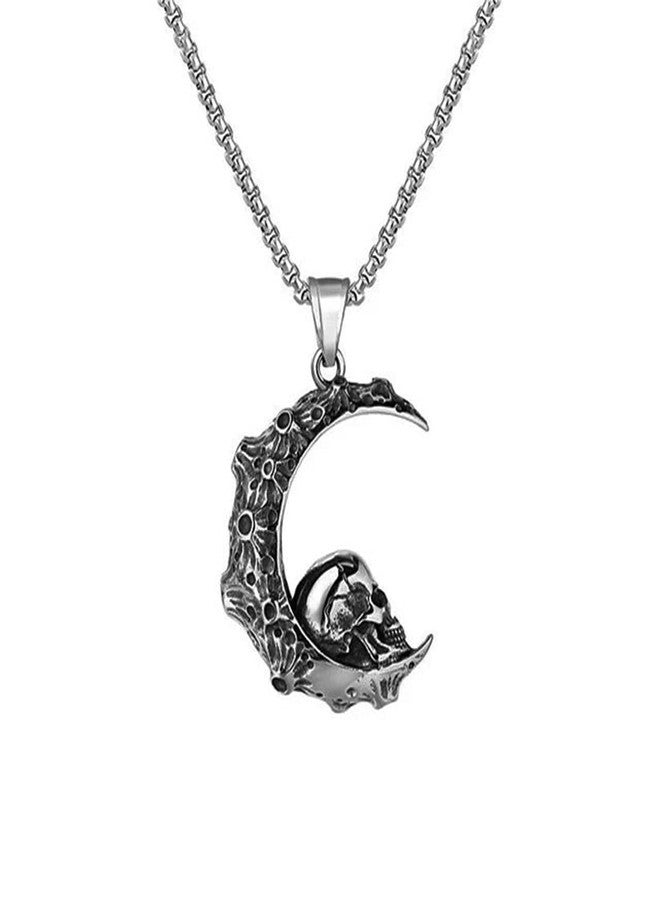 Gift Nest Gothic Skull Moon Pendant Necklace - Stainless Steel Crescent Moon with Skull Design for mens & boys - Image 1