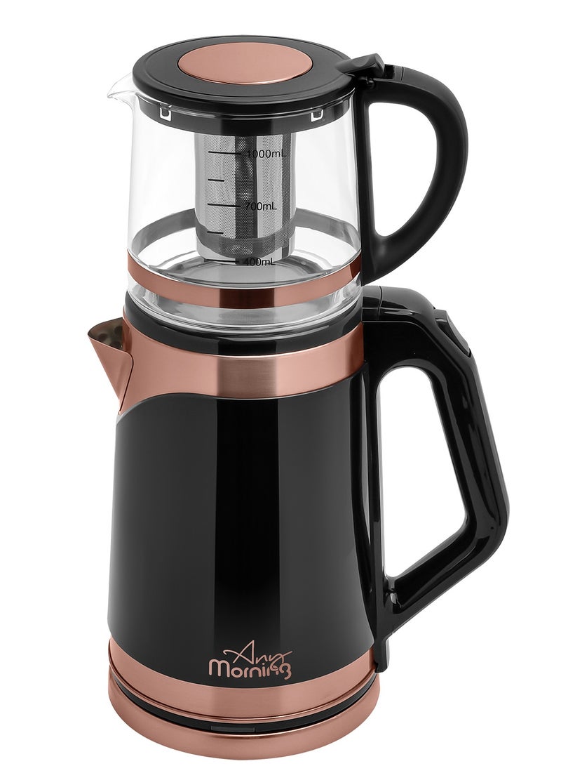آني مورننغ غلاية شاي كهربائية تركية مع إبريق شاي 2000 مل ومصفاة، ماكينة تحضير الشاي من الفولاذ المقاوم للصدأ، إبريق زجاجي مع فلتر، غلاية مزدوجة، ضوء LED، قاعدة دوارة 360 درجة، 1500 وات - DE23203SX - Image 1