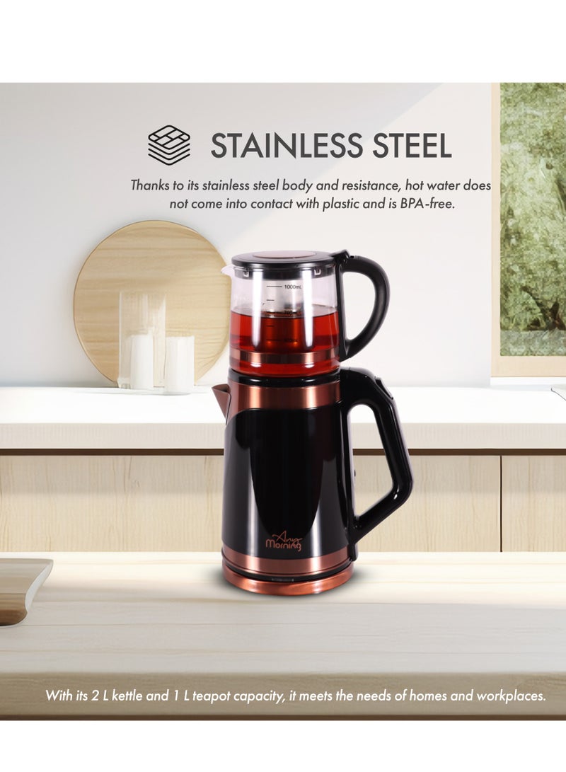 آني مورننغ غلاية شاي كهربائية تركية مع إبريق شاي 2000 مل ومصفاة، ماكينة تحضير الشاي من الفولاذ المقاوم للصدأ، إبريق زجاجي مع فلتر، غلاية مزدوجة، ضوء LED، قاعدة دوارة 360 درجة، 1500 وات - DE23203SX - Image 3