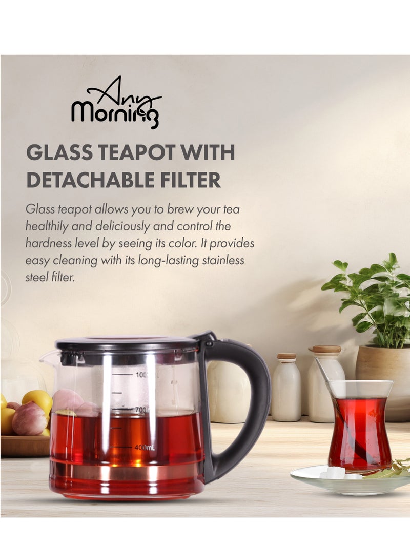 آني مورننغ غلاية شاي كهربائية تركية مع إبريق شاي 2000 مل ومصفاة، ماكينة تحضير الشاي من الفولاذ المقاوم للصدأ، إبريق زجاجي مع فلتر، غلاية مزدوجة، ضوء LED، قاعدة دوارة 360 درجة، 1500 وات - DE23203SX - Image 5