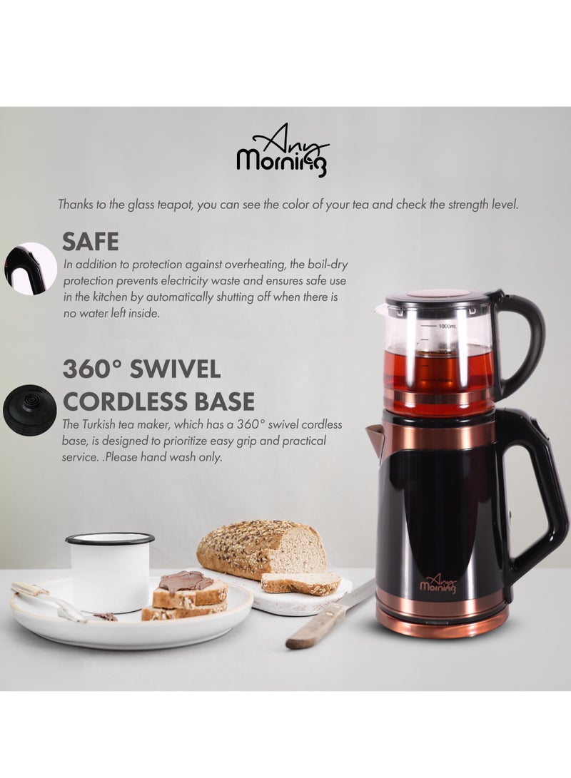 آني مورننغ غلاية شاي كهربائية تركية مع إبريق شاي 2000 مل ومصفاة، ماكينة تحضير الشاي من الفولاذ المقاوم للصدأ، إبريق زجاجي مع فلتر، غلاية مزدوجة، ضوء LED، قاعدة دوارة 360 درجة، 1500 وات - DE23203SX - Image 4