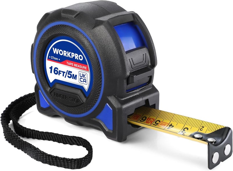 WORKPRO 5M/16FT Tape Measure with Magnetic Hook and Wide Blade Imperial and Metric Scale, Zero Point Calibration, Retractable Design, Metal Belt Clip, Lock Mechanism - Image 1