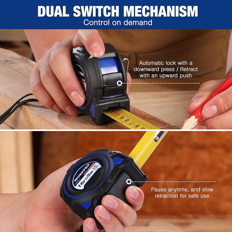WORKPRO 5M/16FT Tape Measure with Magnetic Hook and Wide Blade Imperial and Metric Scale, Zero Point Calibration, Retractable Design, Metal Belt Clip, Lock Mechanism - Image 3