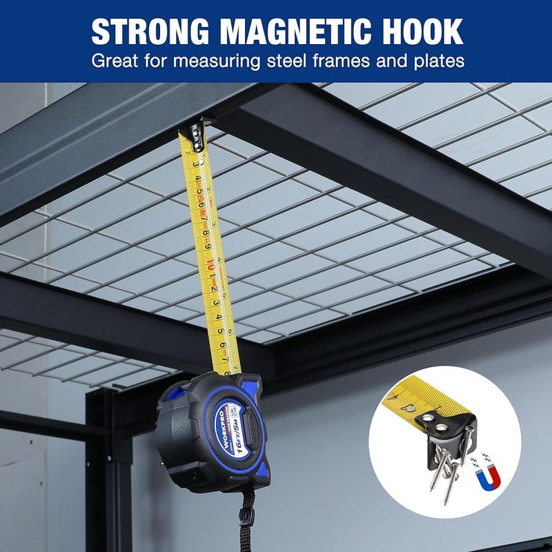 WORKPRO 5M/16FT Tape Measure with Magnetic Hook and Wide Blade Imperial and Metric Scale, Zero Point Calibration, Retractable Design, Metal Belt Clip, Lock Mechanism - Image 4