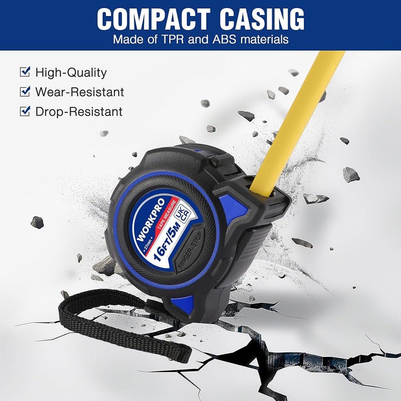 WORKPRO 5M/16FT Tape Measure with Magnetic Hook and Wide Blade Imperial and Metric Scale, Zero Point Calibration, Retractable Design, Metal Belt Clip, Lock Mechanism - Image 2