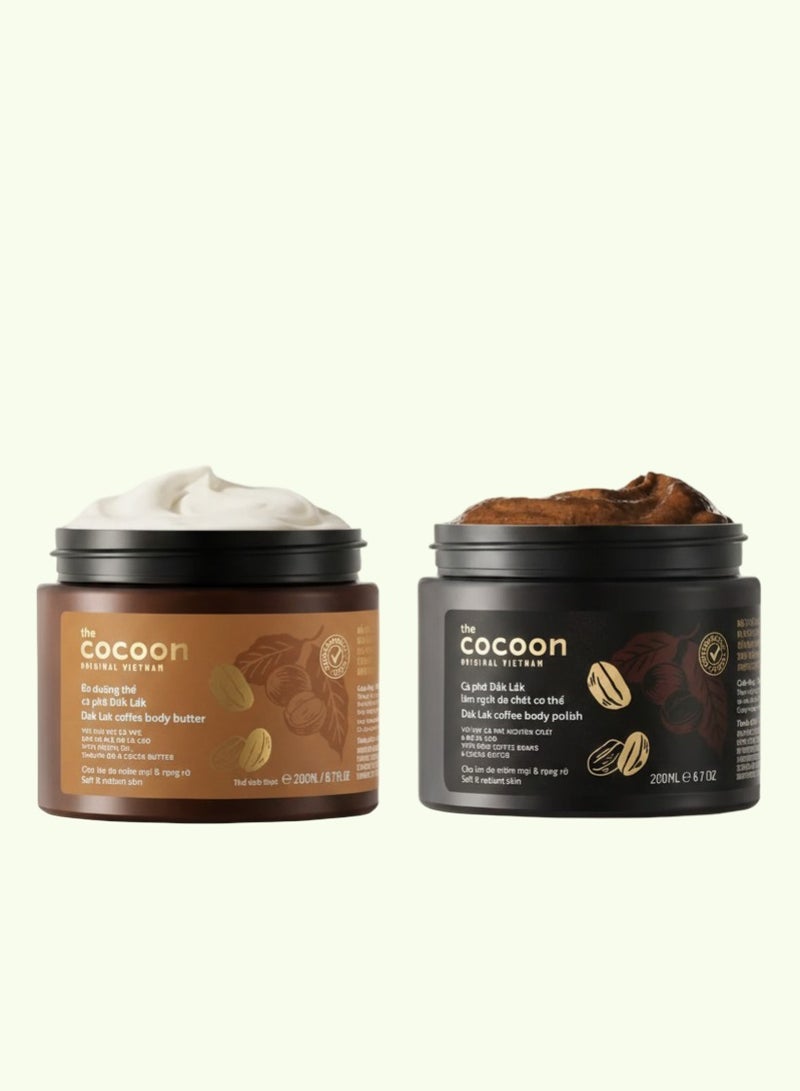 ذا كوكوون أورجنال فيتنام توفير 10% مع الباقات | مجموعة دك لاك بالقهوة لبشرة ناعمة – زبدة جسم ومقشر جسم 200 مل لكل منتج + هدية مجانية - Image 1