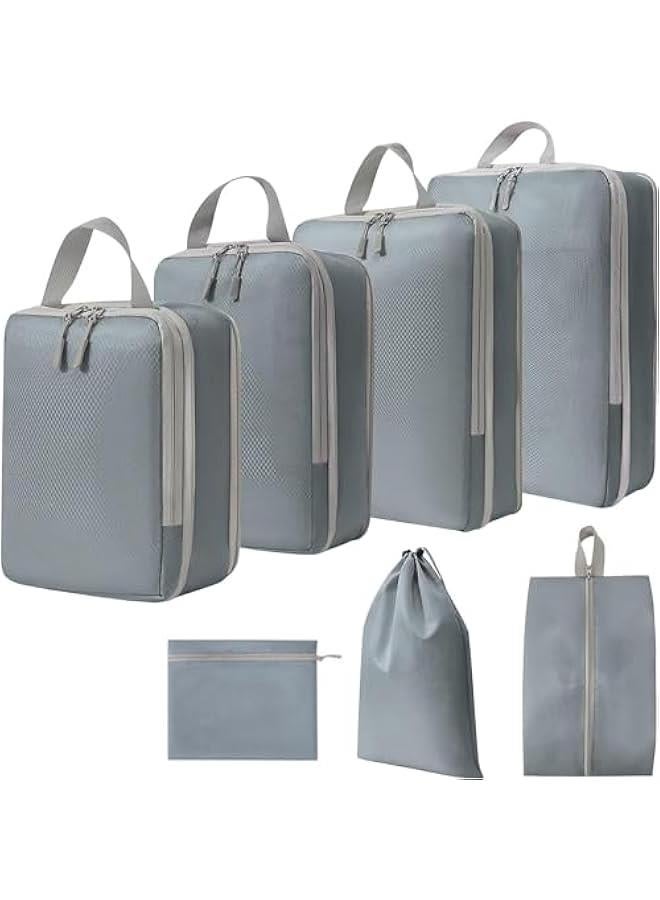 HOOKOR Packing Cubes for Travel - 7 Set Luggage Organizer Bags for Family, Mesh Breathable Travel Packing Cubes for Suitcases Durable Travel Essentials Bags Set,Carry On Suitcases (Light Grey) - Image 1