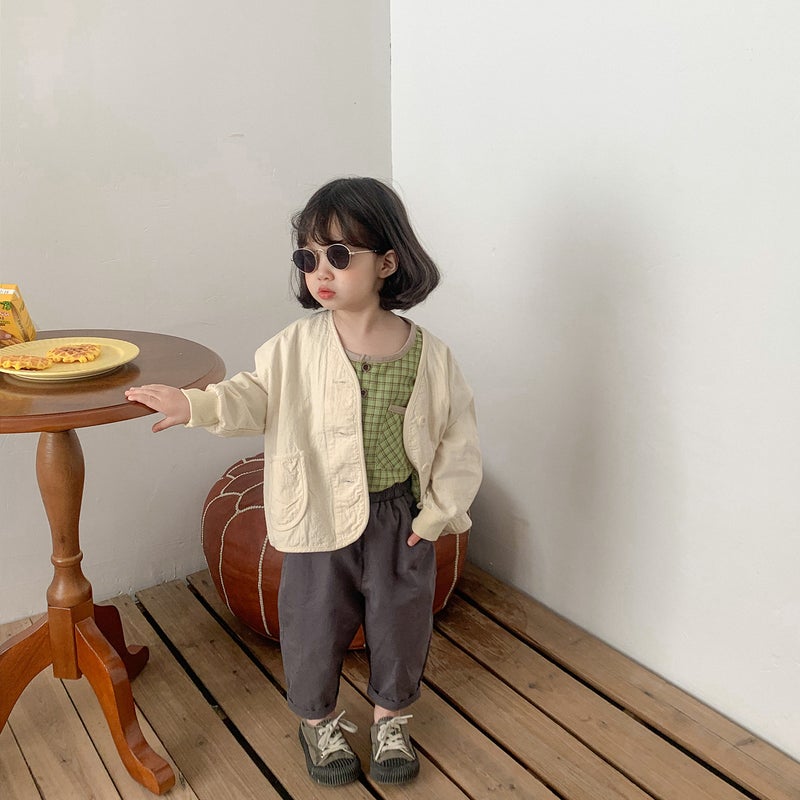 Spring and Autumn 2025 Childrens Solid Color Short Coat for Boys and Girls Literary and Art Style Loose Small Cardigan Japanese Style Top Trendy 30102 m apricot 