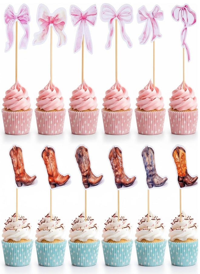 Kolldenn 36 Pcs Boots or Bows Gender Reveal Cupcake Toppers Cowboy or Cowgirl Gender Reveal Decorations Watercolor Western Baby Shower Birthday Party Supplies, Brown and Pink - Image 1